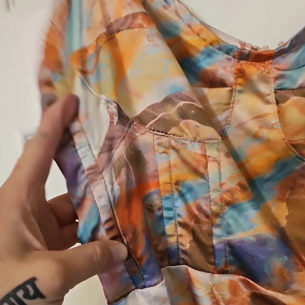 PrettyLittleThing Marble-Print Asymmetric Slip Dress - Peach, Blue & Cream - Picture 3 of 7